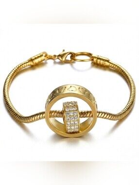 Swarovski Crystal Y2K 14K Gold Overlay Heart Charm Snake Chain Bracelet 8.5"